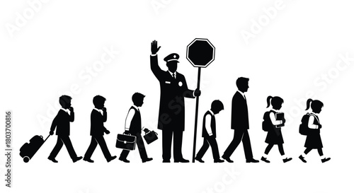 Children and crossing guard safely walking to school together today