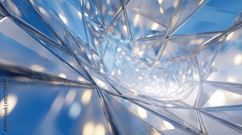 Fototapeta Naklejka Na Ścianę i Meble -  Abstract polygonal glass tunnel reflecting futuristic light