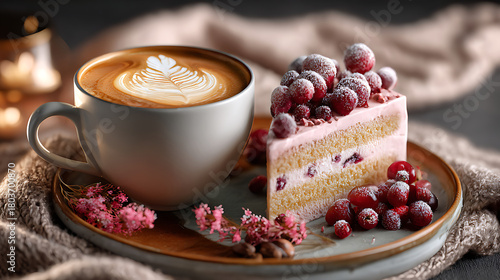 Creamy matcha latte with beautiful latte art served in a ceramic cup beside a pistachio cake slice topped with raspberry, elegant minimalist dessert setup on bright background for café and food stylin