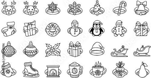 Christmas Holiday Icons Set Black and White Outline Doodle Vector Collection