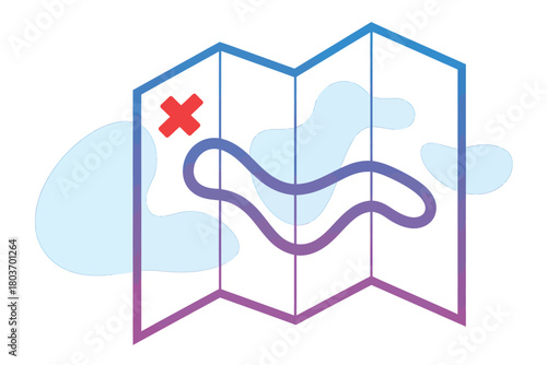 Treasure map vector illustration folded paper with a route to the destination isolated on white background