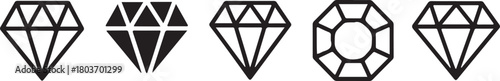 Adobe Illustrator Black and white diamond icon set with geometric gemstone line art, minimalist jewel shapes perfect for logo, branding and design use Artwork