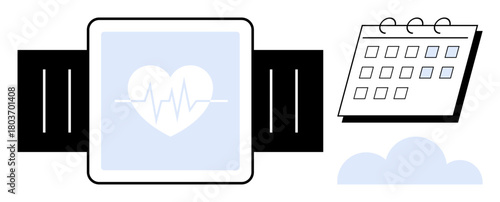 Smartwatch displaying heartbeat with fitness tracking, calendar for scheduling, and cloud for data storage. Ideal for health management, scheduling, fitness, wellness, technology, digital planning