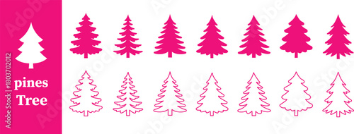 Ten dark green stylized Christmas trees with stars on white background pine tree fir tree