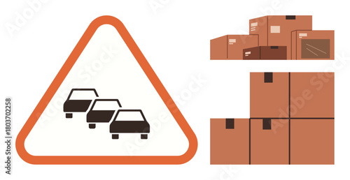 Traffic warning sign with cars inside triangular frame paired with stacks of cardboard boxes. Ideal for logistics, transportation, delivery, road safety, supply chain, e-commerce, project planning