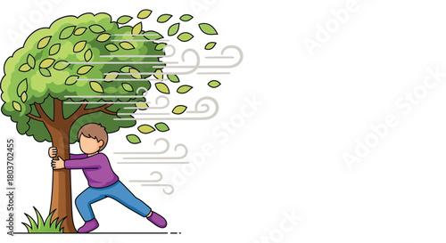 Boy holding tree tight in windstorm, nature protection illustration