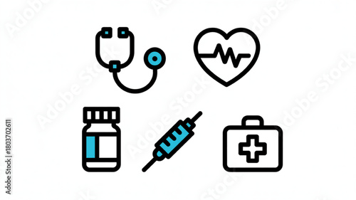Medical icon set flat vector design with stethoscope heart medicine and first aid kit isolated on white background