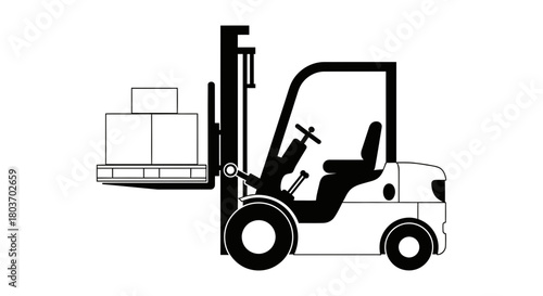 Forklift lifting boxes on pallet, moving cargo in warehouse logistics