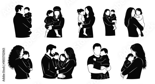 Family love silhouette set with parents holding their children