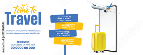 Travel Agency Web Header and Horizontal Banner Template with Holiday Tour Promotion, Vacation Package Deals, Travel Sale, Online Ticket Booking, Hotel Resort Advertisement for Tourism Marketing