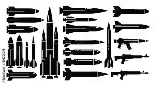 Powerful weapons arsenal collection for war and defense concepts