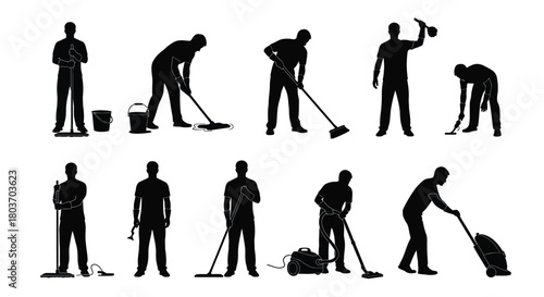 Professional cleaning service silhouettes for home and office hygiene