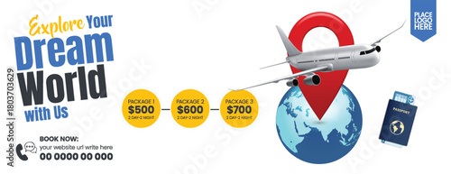 Travel Sale Horizontal Banner and Tourism Web Header Template Featuring Holiday Tour Promotion, Flight Ticket Booking, Adventure Trip Deals, Hotel Resort Packages, Travel Agency Advertisement