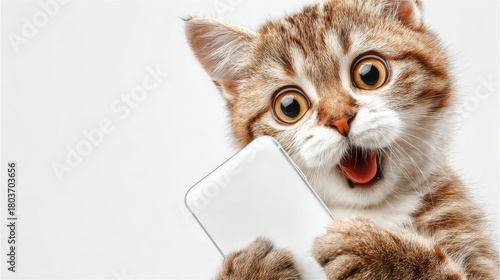 スマホを持ったびっくりする猫