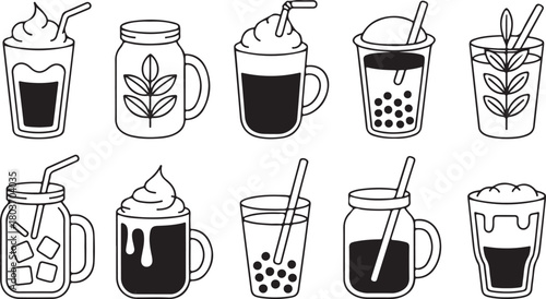 Coffee and Drink Line Art Vector Set , Bubble Tea, Iced Latte & Mason Jar Mugs