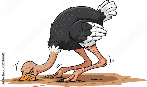 Funny cartoon ostrich burying head in ground with long neck, black feathers, white wings, and expressive frustrated pose