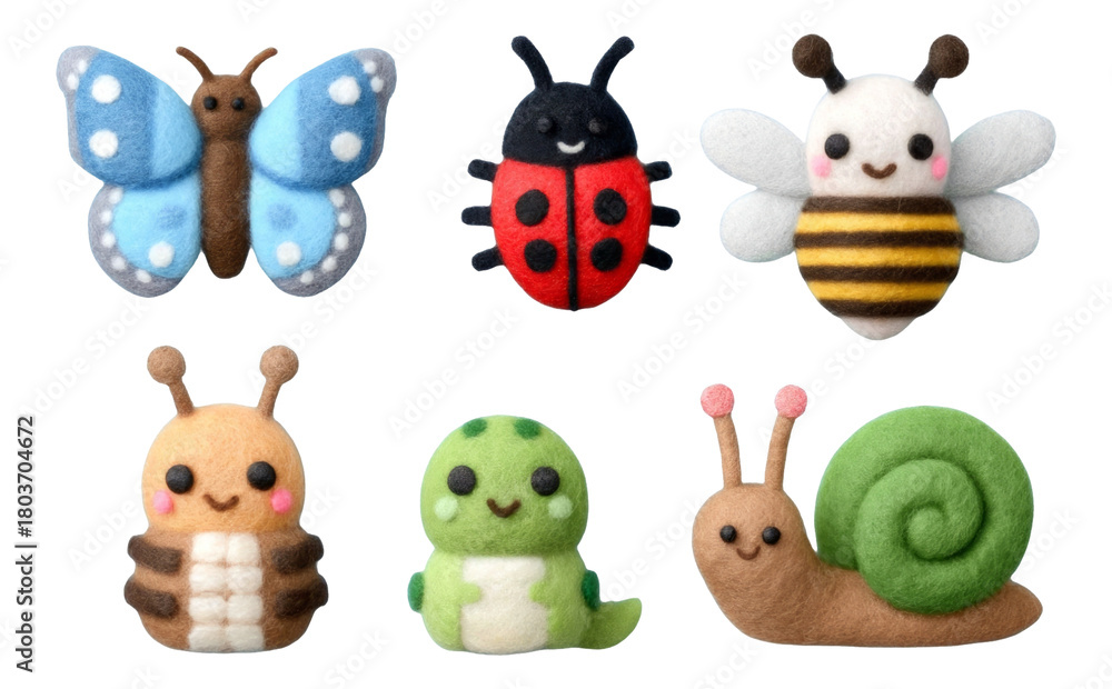 Naklejka premium Colorful Felted Insects and Creatures on Isolated Transparent Background for Garden Themes