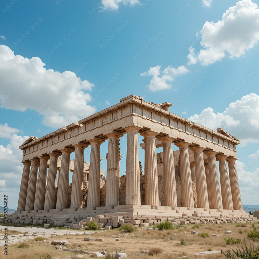 Fototapeta premium Ancient Greek temple columns on sky background, panoramic view of old building in summer. Concept of Greece, antique, civilization, travel.