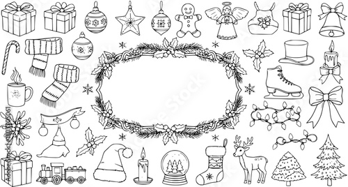 Hand-Drawn Christmas Doodle Vector Set with Festive Holiday Icons  Elements: Gifts, Ornaments, Scarves, Hats, Reindeer, Skates, Trees, Lights. Winter Season Outline Sketch Collection.