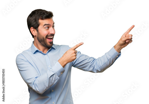 Excited man with beard wearing a blue button down shirt pointing to the right with both index fingers isolated on transparent background