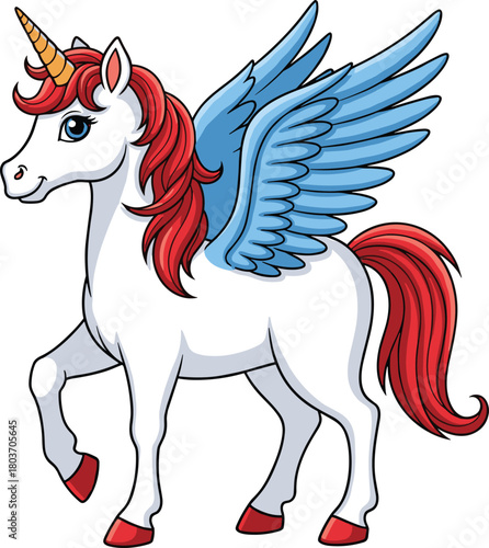 Majestic cartoon unicorn pegasus with golden horn, red mane, blue wings, white body in dynamic pose on transparent background