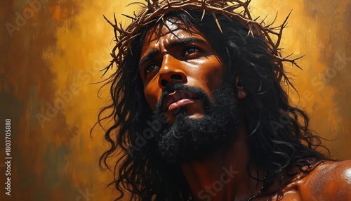 Black man wears thorn crown gazing upwards with intense expression. Light illuminates his face against abstract golden background. Powerful symbolic image for religious concepts and spiritual stories.