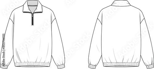 : Unisex Quarter-Zip Pullover Sweatshirt Fashion Technical Drawing, Front and Back View, Apparel Template - CAD Drawing Flat Vector Illustration