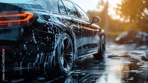 A black car getting washed with bubbles.