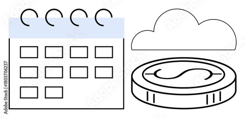 Minimalist calendar with grid, coin featuring currency sign, and cloud element. Ideal for finance, planning, economy, savings, digital storage, scheduling and goals concepts simple flat metaphor