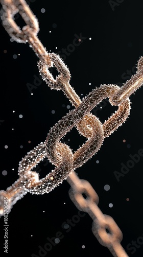 A close-up view of interconnected metallic chain links, rendered with a wireframe overlay and illuminated by glowing particles against a dark, bokeh-filled back