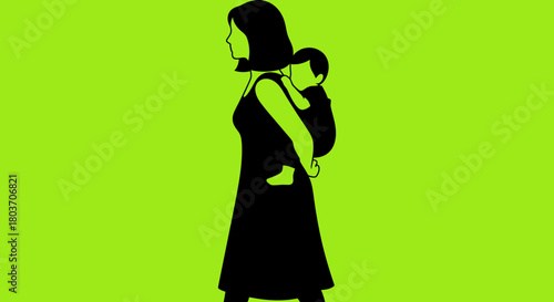 Elegant mom carrying child in carrier flat vector illustration