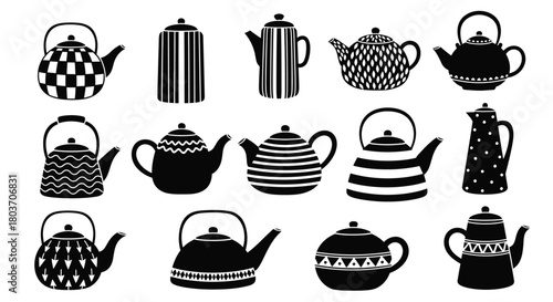 Whimsical black teapots collection for charming kitchen decor prints