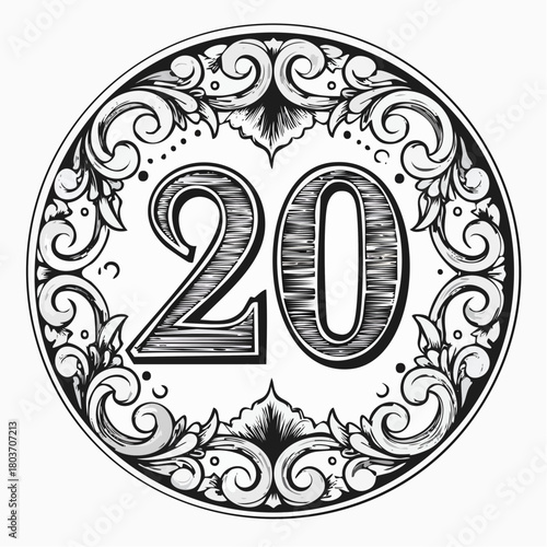 Number 20 with 3d bevel classic ornaments, engraving, and lino cut style illustration