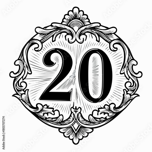 Number 20 with 3d bevel classic ornaments, engraving, and lino cut style illustration