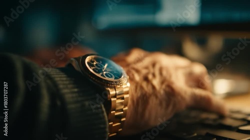 Close up of a gold wristwatch on wrist near a computer keyboard
