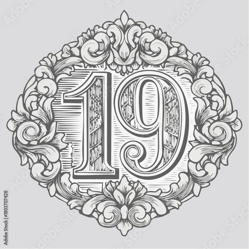 Number 19 with 3d bevel classic ornaments, engraving, and lino cut style illustration
