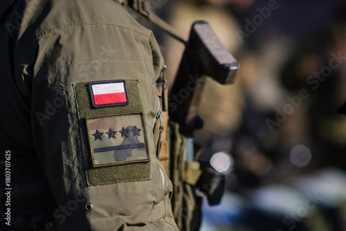 Details with the patch of a Polish soldier during a NATO Multinational Exercise.