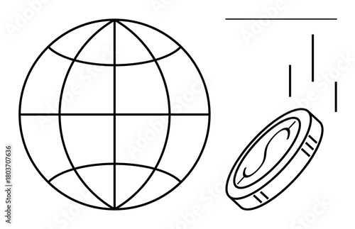 Globe grid representing global reach, coin signifying money, investment, and falling lines for dynamics. Ideal for finance, economy, globalization, investment markets trade growth. Simple flat
