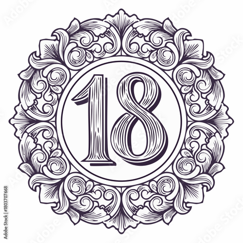 Number 18 with 3d bevel classic ornaments, engraving, and lino cut style illustration