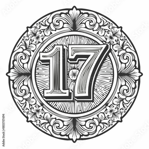 Number 17 with 3d bevel classic ornaments, engraving, and lino cut style illustration