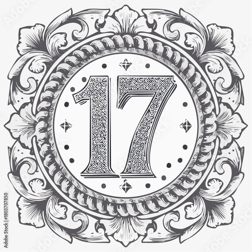 Number 17 with 3d bevel classic ornaments, engraving, and lino cut style illustration