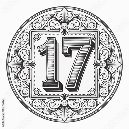 Number 17 with 3d bevel classic ornaments, engraving, and lino cut style illustration