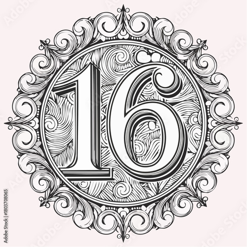 Number 16 with 3d bevel classic ornaments, engraving, and lino cut style illustration