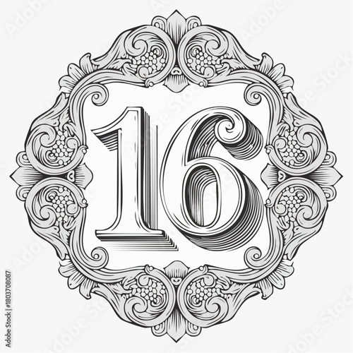 Number 16 with 3d bevel classic ornaments, engraving, and lino cut style illustration