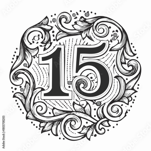 Number 15 with 3d bevel classic ornaments, engraving, and lino cut style illustration