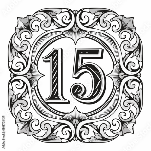Number 15 with 3d bevel classic ornaments, engraving, and lino cut style illustration