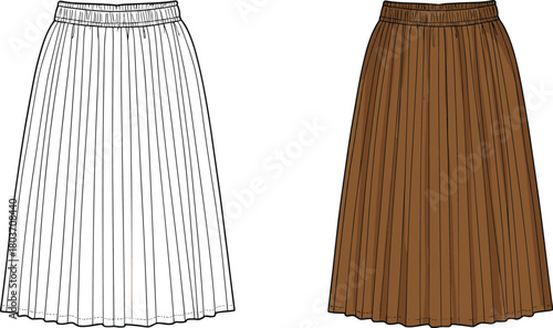 Women's Pleated Midi Skirt Fashion Technical Drawing, Elastic Waistband, Apparel Design Template - CAD Drawing Flat Vector Illustration