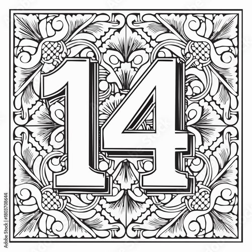 Number 14 with 3d bevel classic ornaments, engraving, and lino cut style illustration