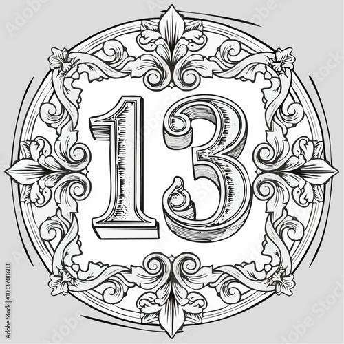 Number 13 with 3d bevel classic ornaments, engraving, and lino cut style illustration
