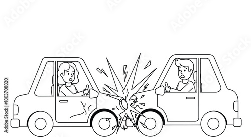 Cartoon car crash with shocked drivers in red and green vehicles